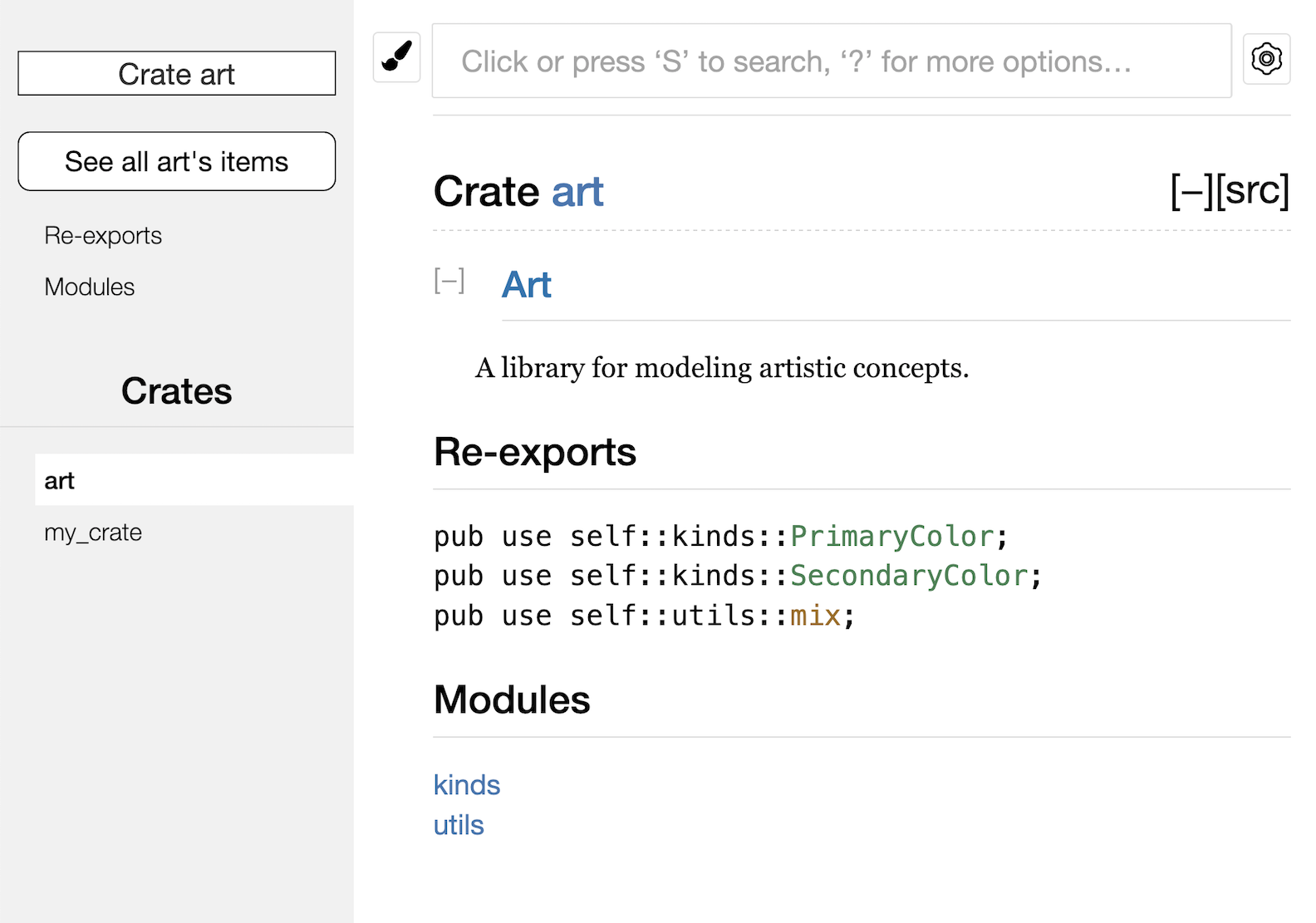 Rendered documentation for the `art` crate with the re-exports on the front page